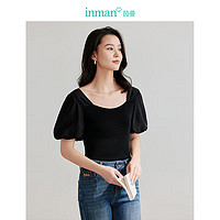 茵曼（INMAN）薄款针织衫2024夏季女装显瘦方领花苞袖上衣 黑色 XL