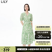 LILY 女装浪漫艺术印花法式复古茶歇裙高腰五分袖连衣裙 305草绿 M