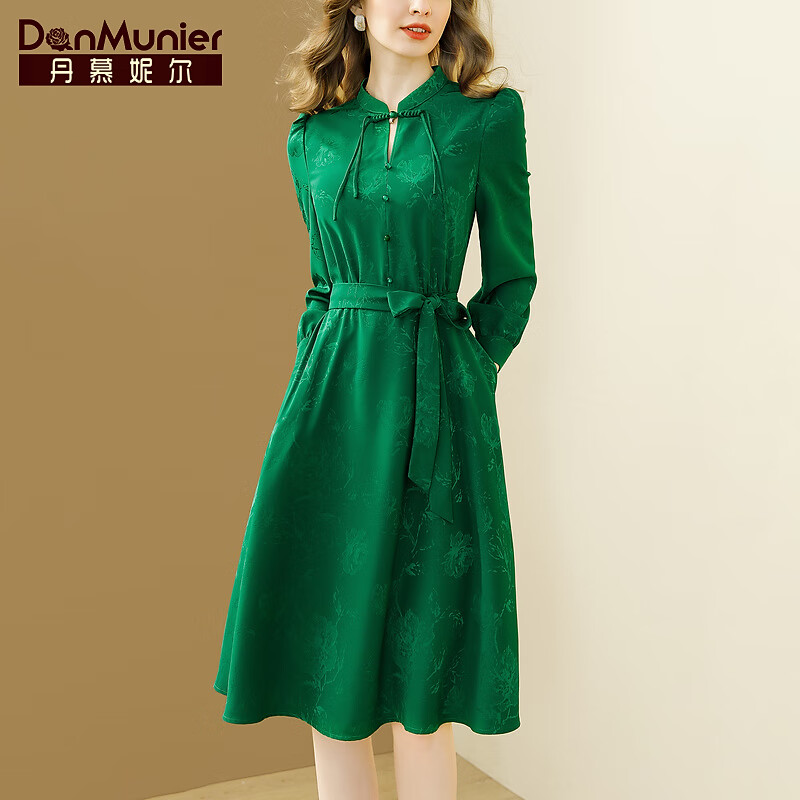 丹慕妮尔绿色高端提花新中式连衣裙女高级感春季气质国风裙子 绿色 2XL
