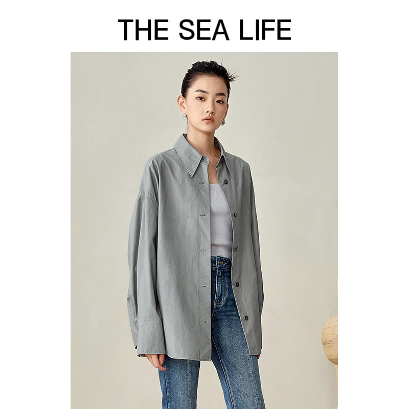 THE SEA LIFE 欧海一生 棉质衬衫女24春季慵懒风舒适衬衫XC15250 冰河灰 M