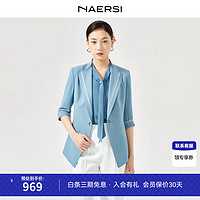 娜尔思（NAERSI）时尚一粒扣七分袖西装领外套通勤西装2024春夏 灰群青色 2XL
