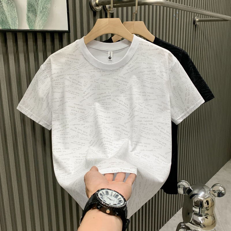 得芊逸欧洲站潮牌2024年夏季印花短袖T恤男轻奢时尚字母满印潮体恤 白色 M(85-100斤内)
