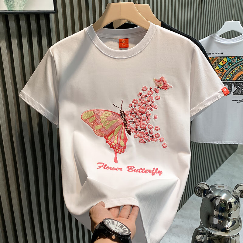 得芊逸欧洲站时尚潮牌蝴蝶刺绣轻奢男T恤短袖青年宽松休闲百搭半袖体恤 白色 2XL(130-145斤内)