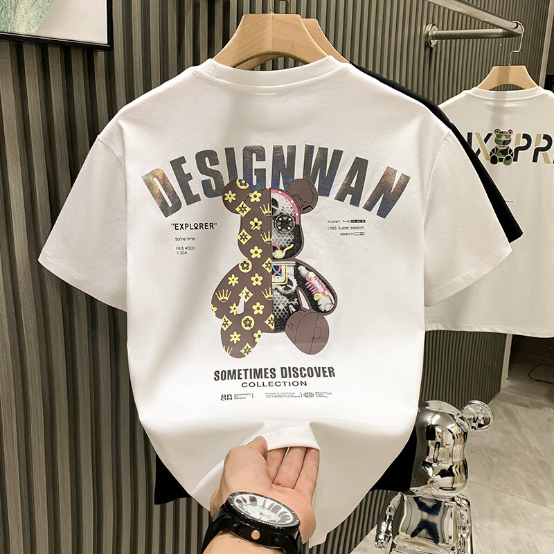 得芊逸欧洲站时尚潮牌夏季欧货小熊印花短袖t恤男圆领半袖青年体恤 白色 2XL(130-145斤内)