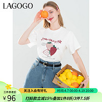 lagogo拉谷谷高级感正肩全棉T恤女2024夏季圆领印花草莓短袖 本白色(V1) M