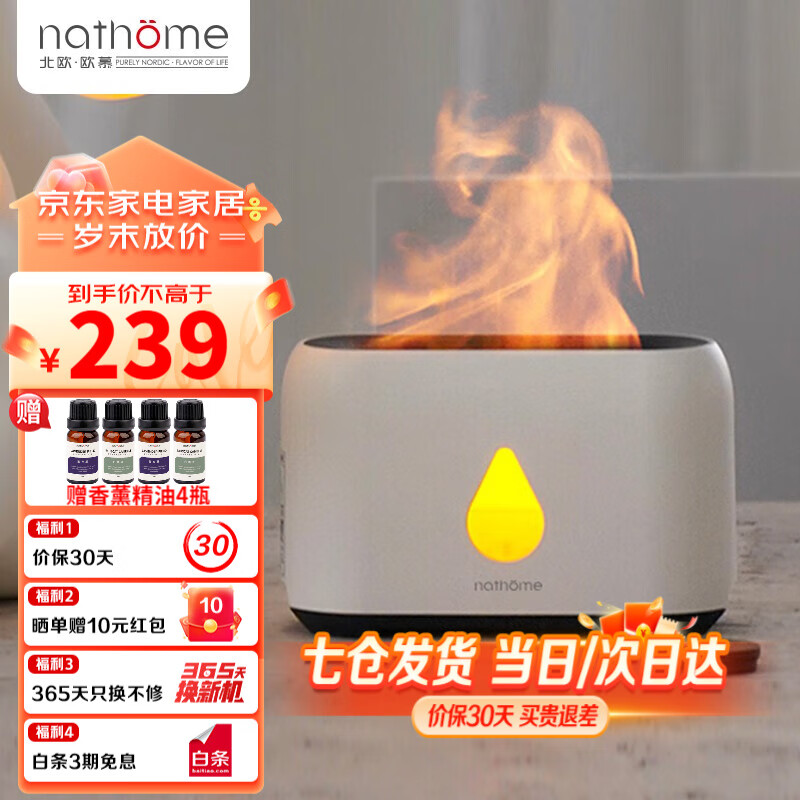 北欧欧慕（nathome） 香薰机仿真火焰加湿器卧室家用办公室夜灯桌面迷你低噪空气200ml增湿机NJH18 三档定时 远程遥控【冰川白+精油4瓶】