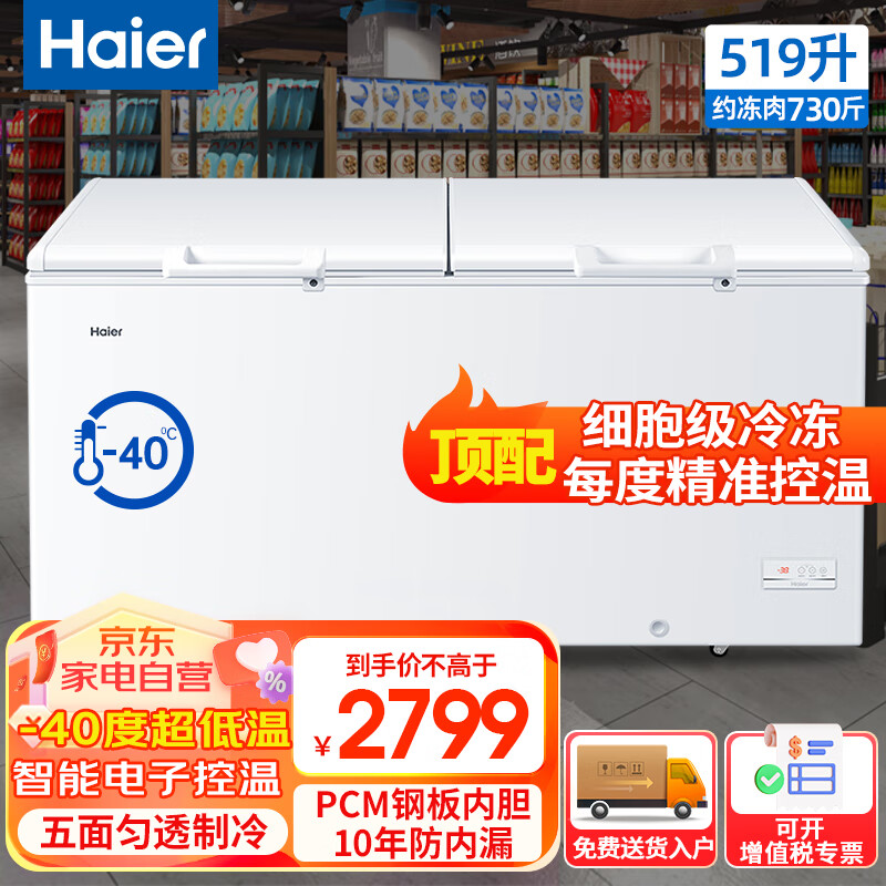 海尔（Haier）冰柜商用大容量519升零下40度超低温电子控温全冷冻卧式速冻冰柜BC/BD-519GHEP 519升丨零下40度丨电子控温