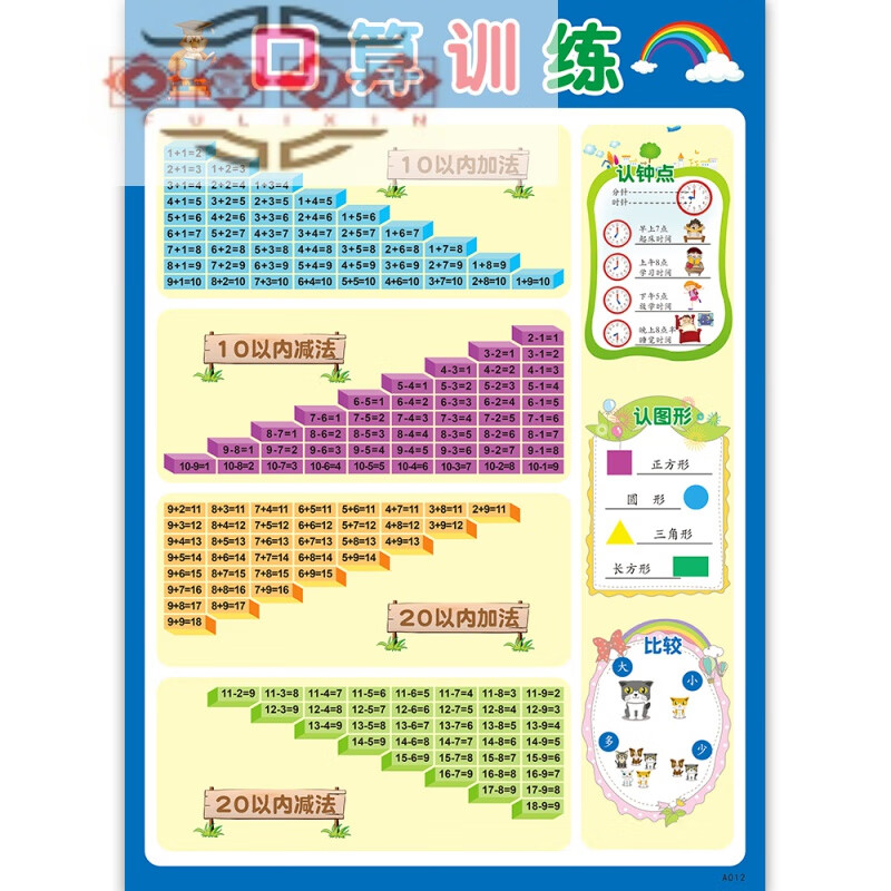 富力新小学汉语拼音声母表韵母表 小一年级下汉语拼音音序字母表版 二十以内加减法 特大(宽70×高90厘米)