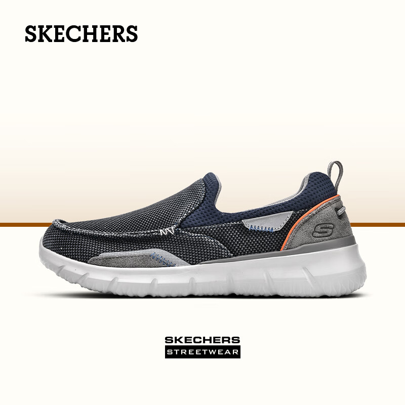 斯凯奇（Skechers）男鞋商务休闲鞋舒适一脚蹬轻便舒适时尚复古帆布鞋 海军蓝色 42