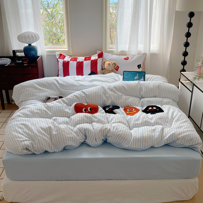 匹鲁儿童床品套件成人可水洗吸湿透气三四件套宿舍床单枕套被套 扑克牌-奶油蓝条 4件套（1.5/1.8米床）