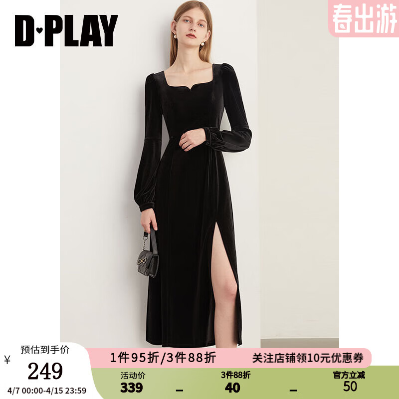 DPLAY冬法式复古风经典黑宫廷领侧开衩轻礼服丝绒裙小黑裙 时尚黑 S