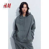 H&M 女装卫衣春季新款长袖复古休闲宽松纯色套头连帽衫0456163 绿色157 165/96