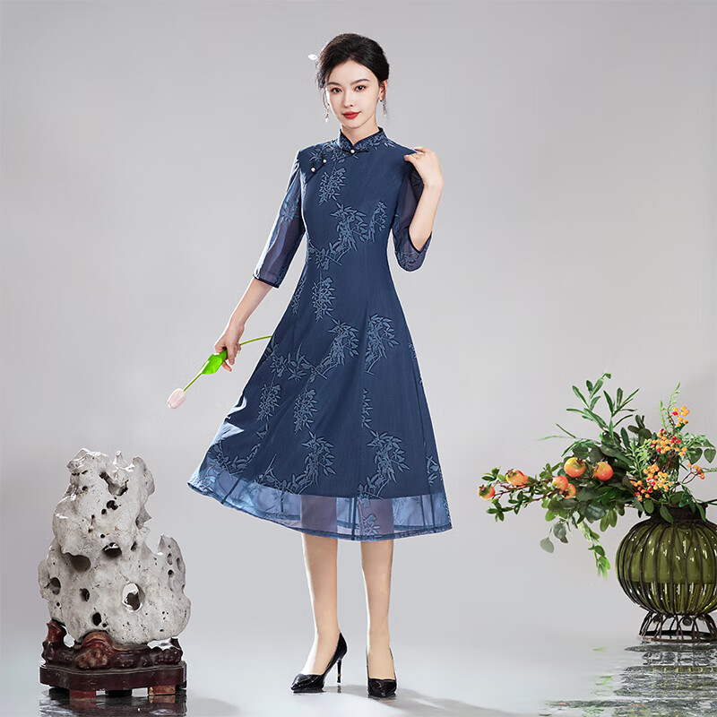 秀觀唐烟竹2024春装网布复古改良新中式国风日常旗袍连衣裙 蓝色 XXL