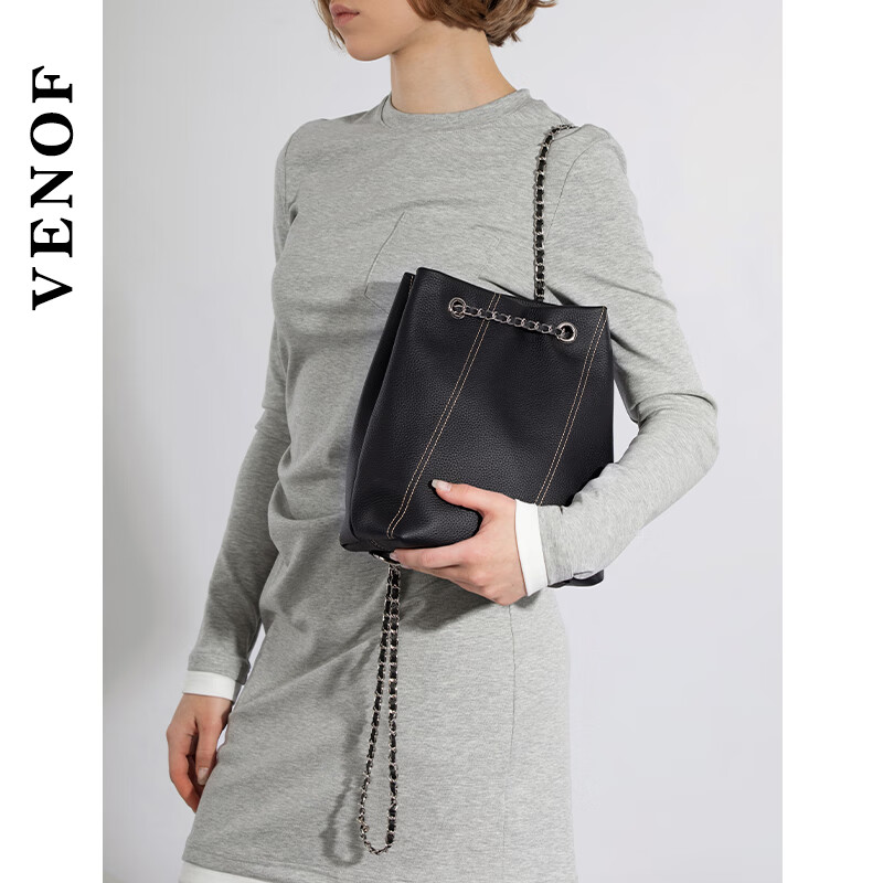 维洛芬（VENOF）黑色链条包女士单肩斜挎大容量高级感小众复古真皮水桶包 岩漠黑