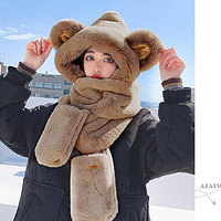 THANTRUE 真享 帽子女秋冬季小熊帽子時尚一體套裝保暖加厚加絨圍脖