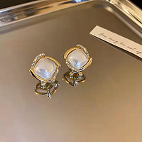 KOSE 高丝 S925银针方形珍珠耳钉女镶钻小众设计感复古法式高级轻奢