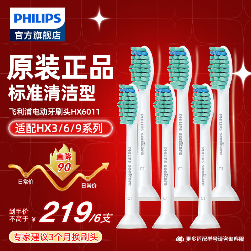 飞利浦（PHILIPS）电动牙刷头 基础洁净 3倍清除牙菌斑 杜邦刷毛 3支装HX6013 适配HX3 6系列 HX6013标准型 6支