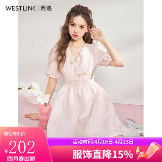 WESTLINK 西遇 新中式粉色连衣裙女2024年夏季新款V领泡泡袖旗袍裙国风短裙 粉色 S