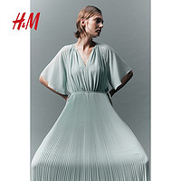 H&M女装2024春季女士简约时尚系带设计褶裥中长连衣裙1222581 浅灰绿松石色 155/80 XS