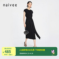 纳薇（naivee）24夏简约知性复古腰带舒弹连衣裙优雅赫本风小黑裙 黑色 备用 160/84A/M