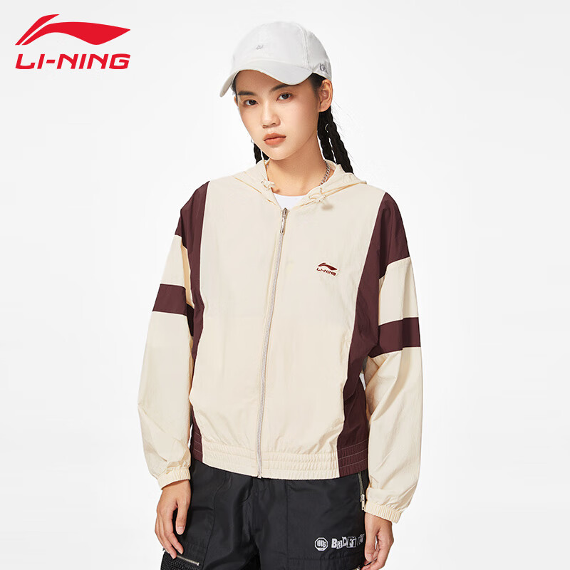 李宁（LI-NING）运动风衣女春夏韩版篮球宽松潮流时尚风衣外套 天鹅白醇酒红 S