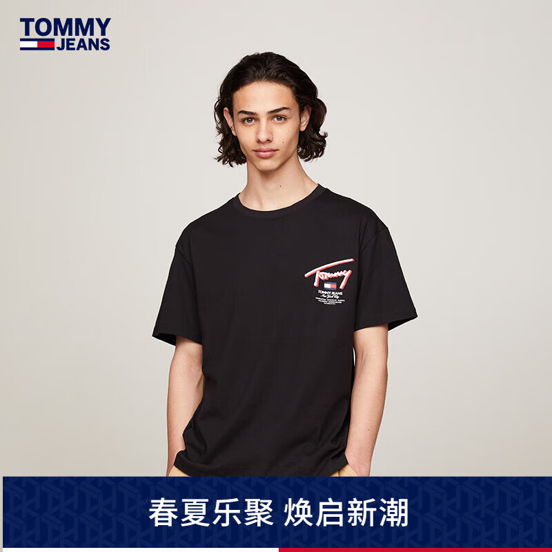 TOMMY JEANS 24春季男装纯棉平纹针织美式签名印花合身短袖T恤18574 黑色BDS XS （：100-120斤）
