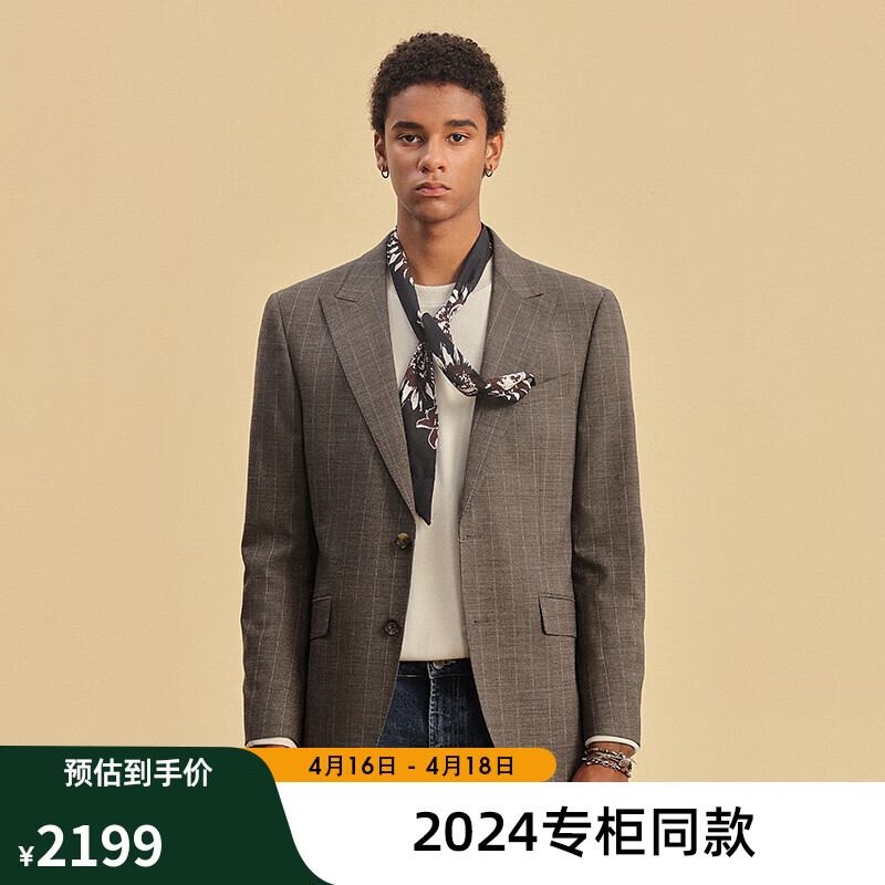 杰帝梵JDV男装2024春夏棕色格纹正装西装单排扣西服外套 棕色 170/92B（01）