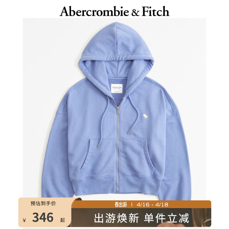 ABERCROMBIE & FITCH女装 24春小麋鹿休闲拉链外套毛圈布连帽卫衣 358698-1 蓝色 XL (170/112A)