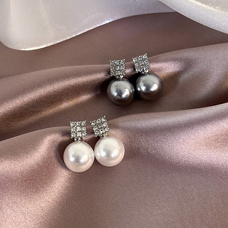 Trendolla 法式通勤方糖闪钻珍珠耳钉小众设计轻奢气质耳环 灰色珍珠