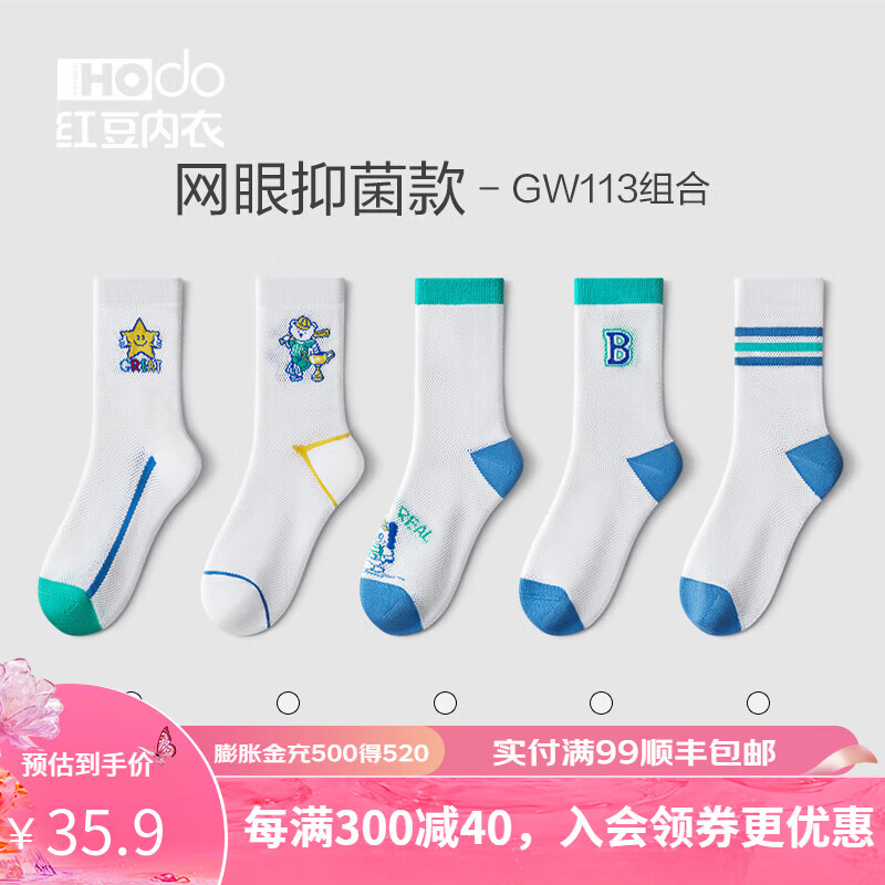 红豆居家（Hodohome）儿童袜子夏季薄透气男女童运动中筒袜宝宝网眼5A抗菌棉袜5双 组合一 22-24（11岁以上38-42码）