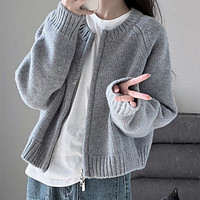含今 短款双头拉链毛衣开衫女韩版宽松小个子针织衫外套厚 灰色（80-120斤） 均码（80-120斤）