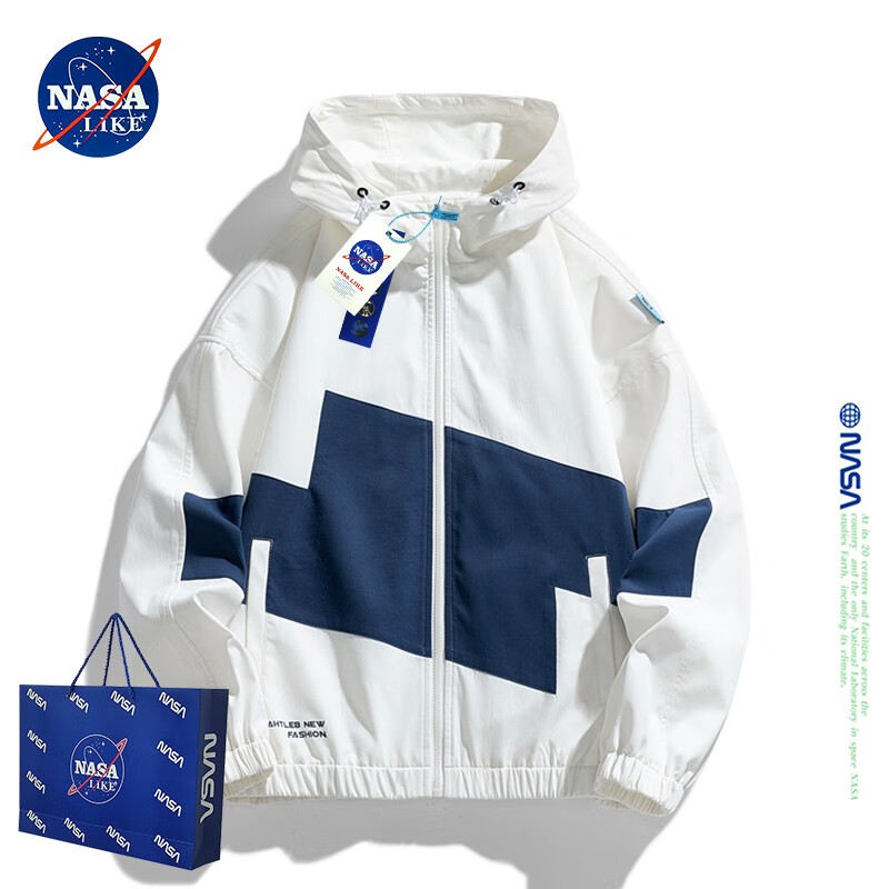 NASA LIKE潮牌外套男秋春季宽松夹克休闲连帽拼色上衣服工装冲锋衣 白色 2XL  145-160斤