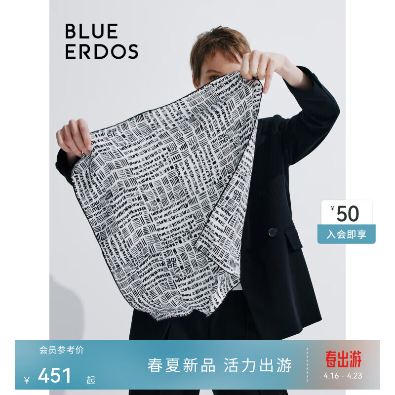 BLUE ERDOS100%桑蚕丝丝巾24早春真丝黑白印花女方巾B245S0005 黑白印花 52cmX52cm