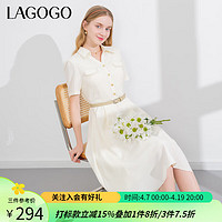 lagogo拉谷谷米色气质工装连衣裙2024夏季修身腰带短袖裙子女 米色(T2) S