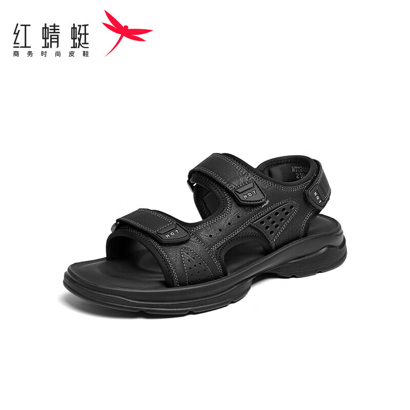 红蜻蜓沙滩鞋2024夏季男鞋魔术贴运动户外休闲凉鞋 WTT24053黑色41