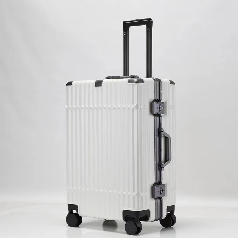米尘行李箱铝框加厚拉杆箱男密码箱卡扣锁结实耐用旅行箱女大容量皮箱 白色（加厚黑铝框） 24英寸