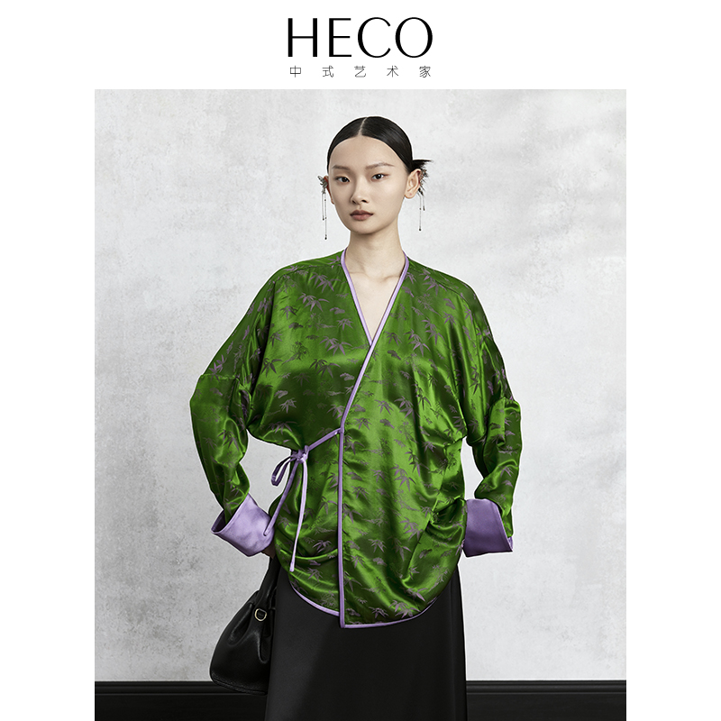 HECO【森竹】新中式国风竹子提花斜襟衬衫女绿色系带汉服上衣春