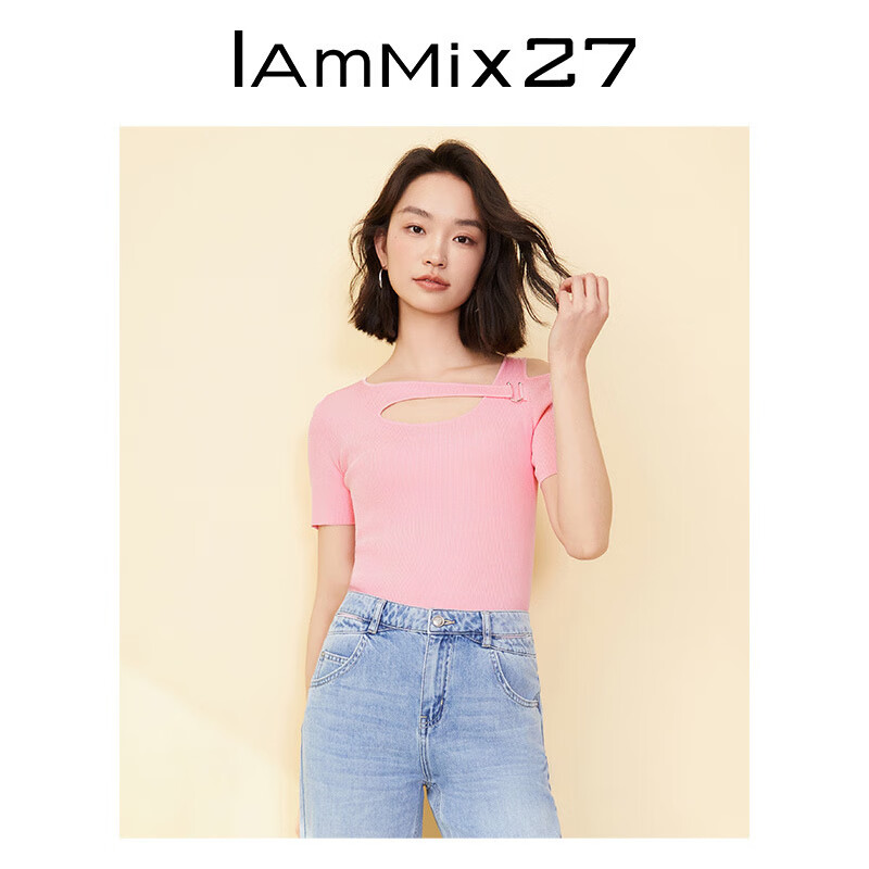 Iammix27短袖套头针织衫女修身显瘦个性不对称镂空斜肩针织上衣女 极光粉 S