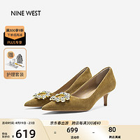 NINE WEST 玖熙 宴会单鞋女反绒方扣水钻尖头高跟鞋 NH365006SK 杏色36