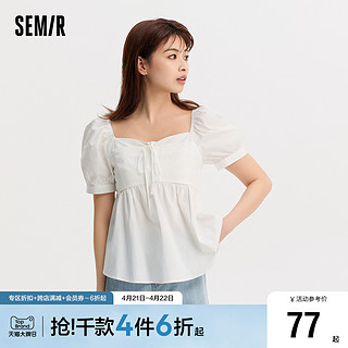 Semir 森马 短袖衬衫女短款方领泡泡袖蝴蝶结温柔甜美夏季俏皮衬衣小个子