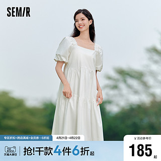 Semir 森马 连衣裙女温柔系木耳边方领2024夏季新款泡泡袖娃娃裙甜美可爱