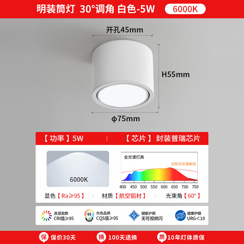 至御明装筒灯可调角度卫生间客厅免开孔卧室玄关过道无主灯具照明 白色-5W-6000K