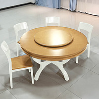 南之实木餐桌椅组合圆形家用吃饭桌子橡胶木大户型大圆桌圆台815+18 白+茶 1.3m 一桌6椅