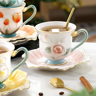 nosin诺轩浮雕花卉手绘陶瓷创意咖啡杯碟套装家用下午茶杯子水杯