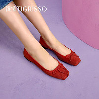 tigrisso 蹀愫 2024春新款复古单鞋法式蝴蝶结红色芭蕾风平底鞋