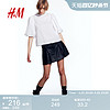 H&M HM女装2024夏季新款圆领纯色镂空刺绣泡泡袖上衣1208628
