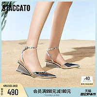 STACCATO 思加圖 年新款仙女風一字帶涼鞋銀色高跟包頭單鞋女鞋EDK23AH3
