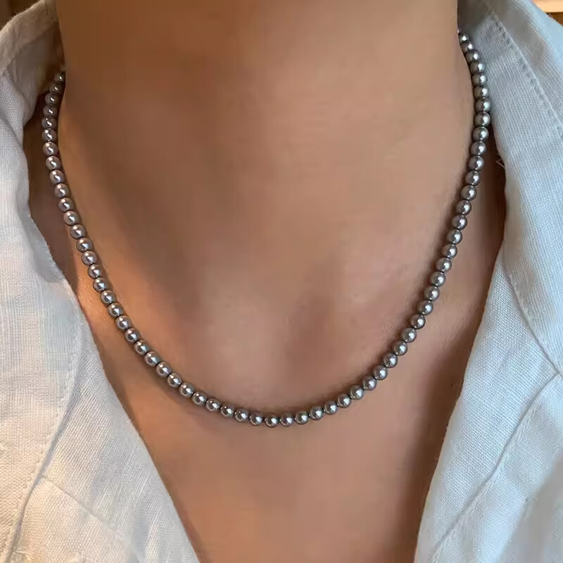 TMOWO 施家真多麻铂金银灰大溪地黑色珍珠项链女轻奢锁骨链颈链