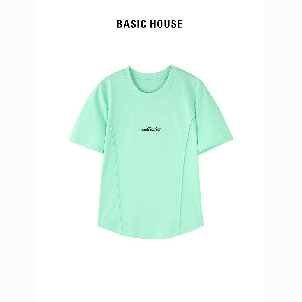 Basic House/百家好纯棉拼接运动短款上衣季印花短袖T恤女