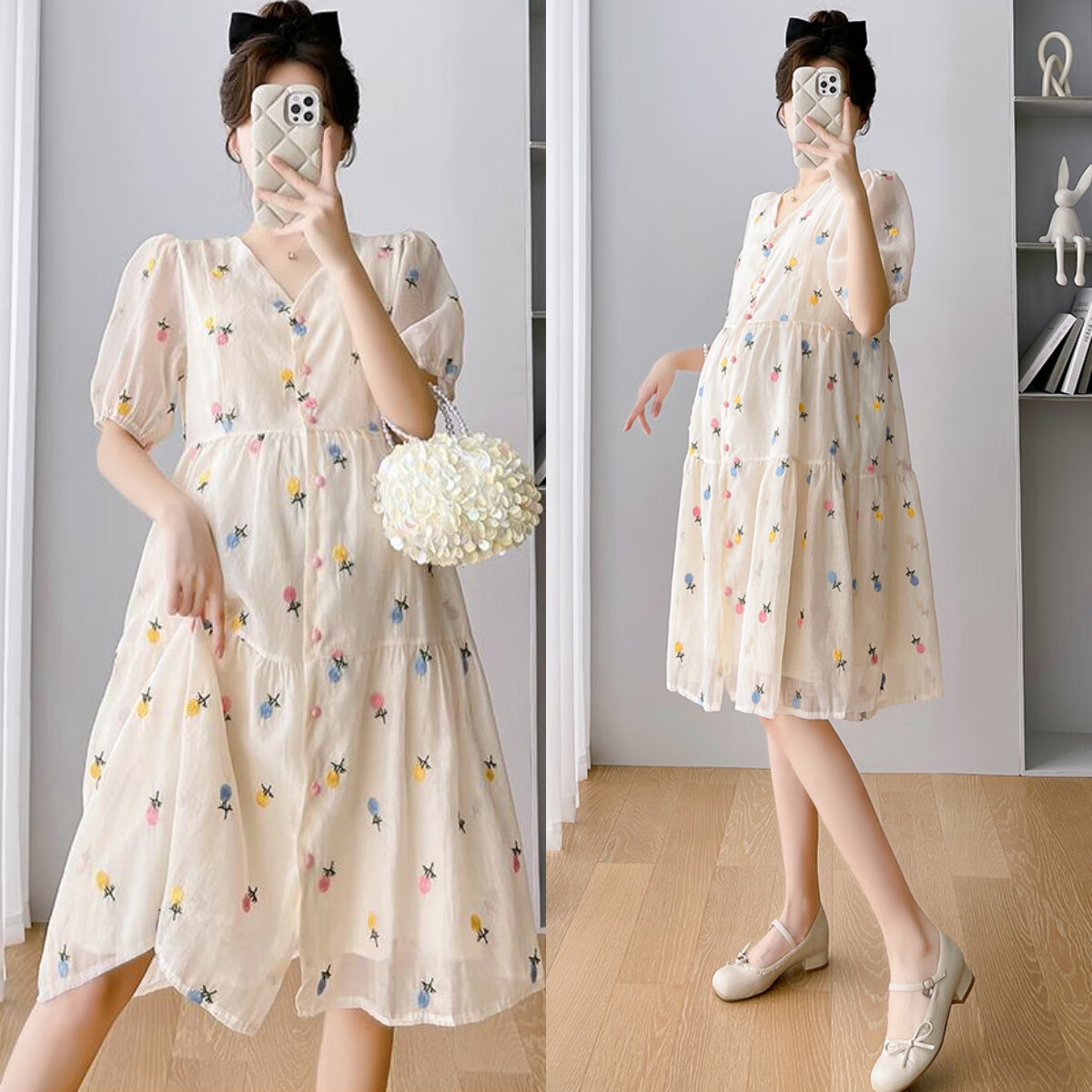 苒琦妈咪装夏季刺绣高腰显瘦夏天V领泡泡袖碎花小个子孕妈连衣裙 图片色 L